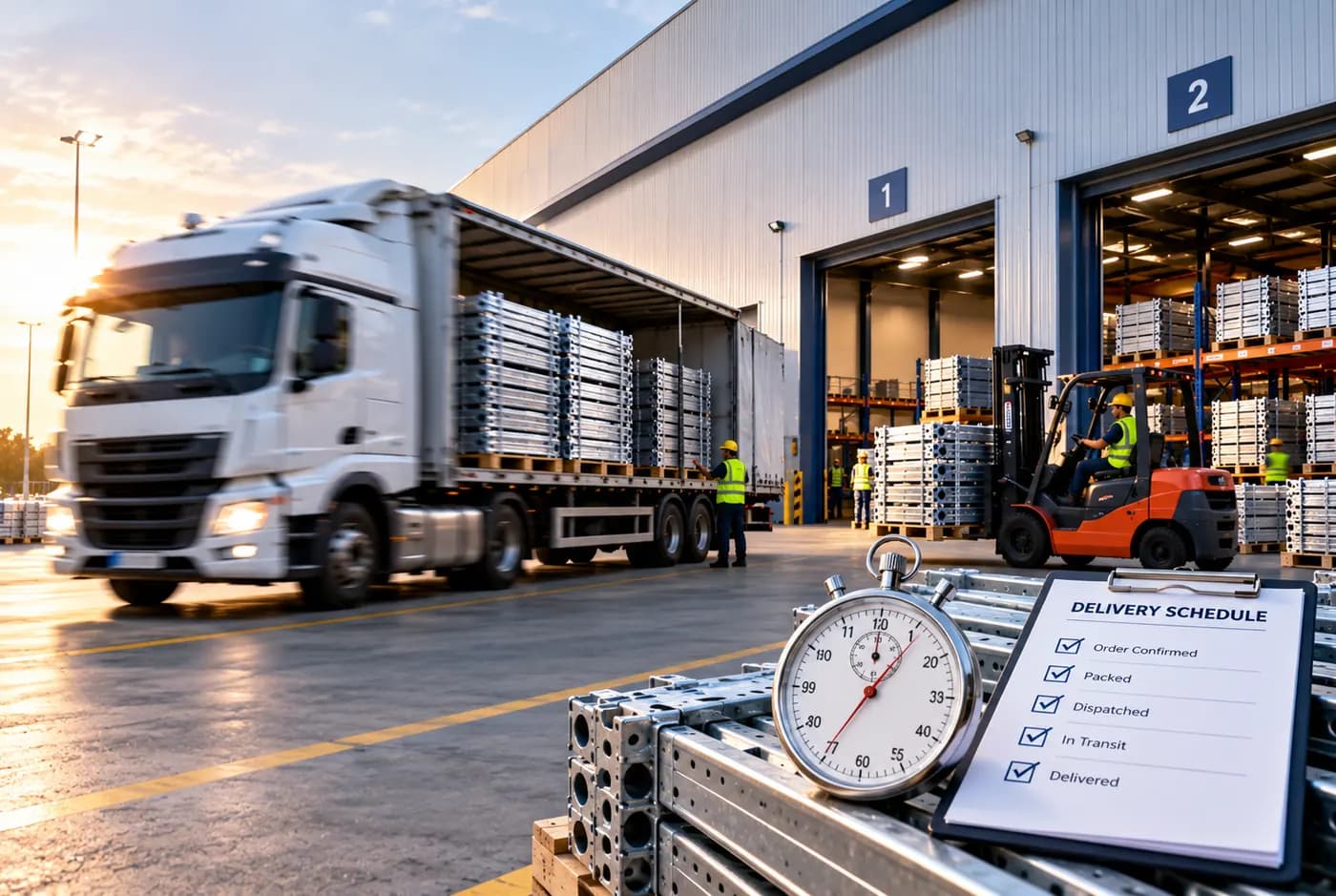 Delivery truck and warehouse with steel racks